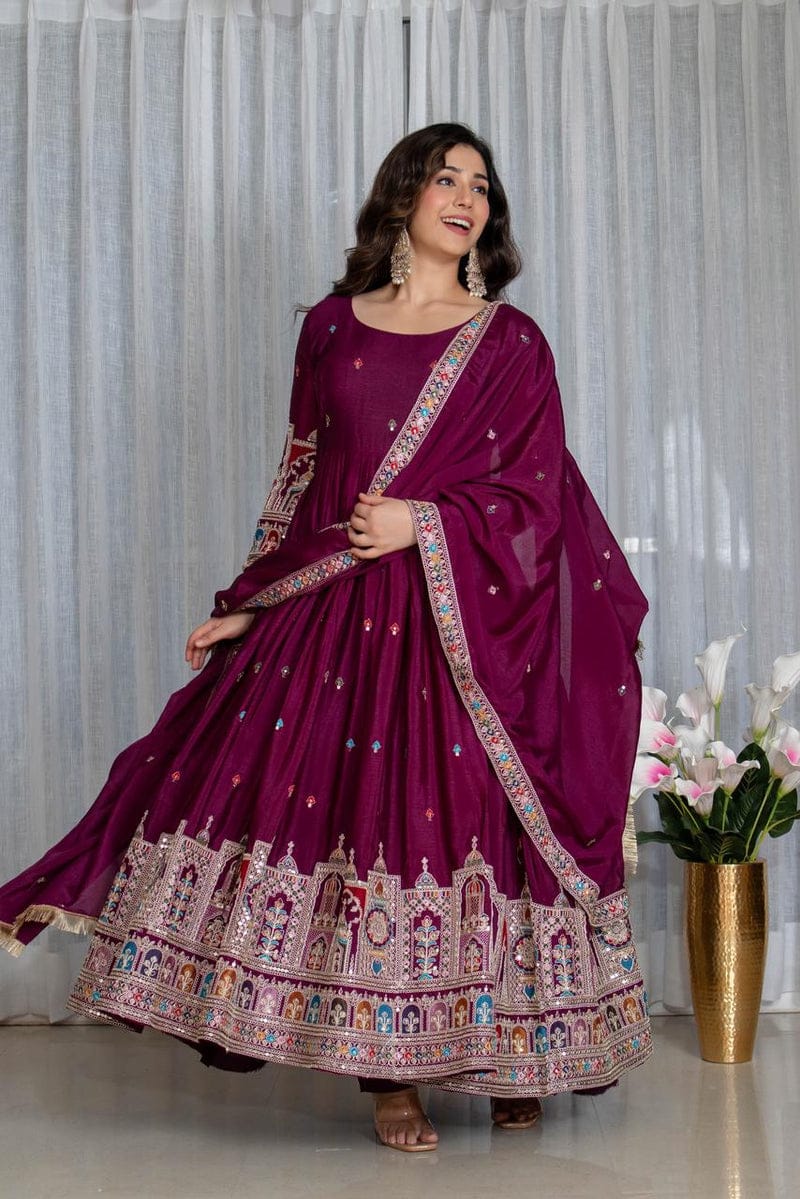 Royal Chinon Silk Embroidered Gown Set-Wine