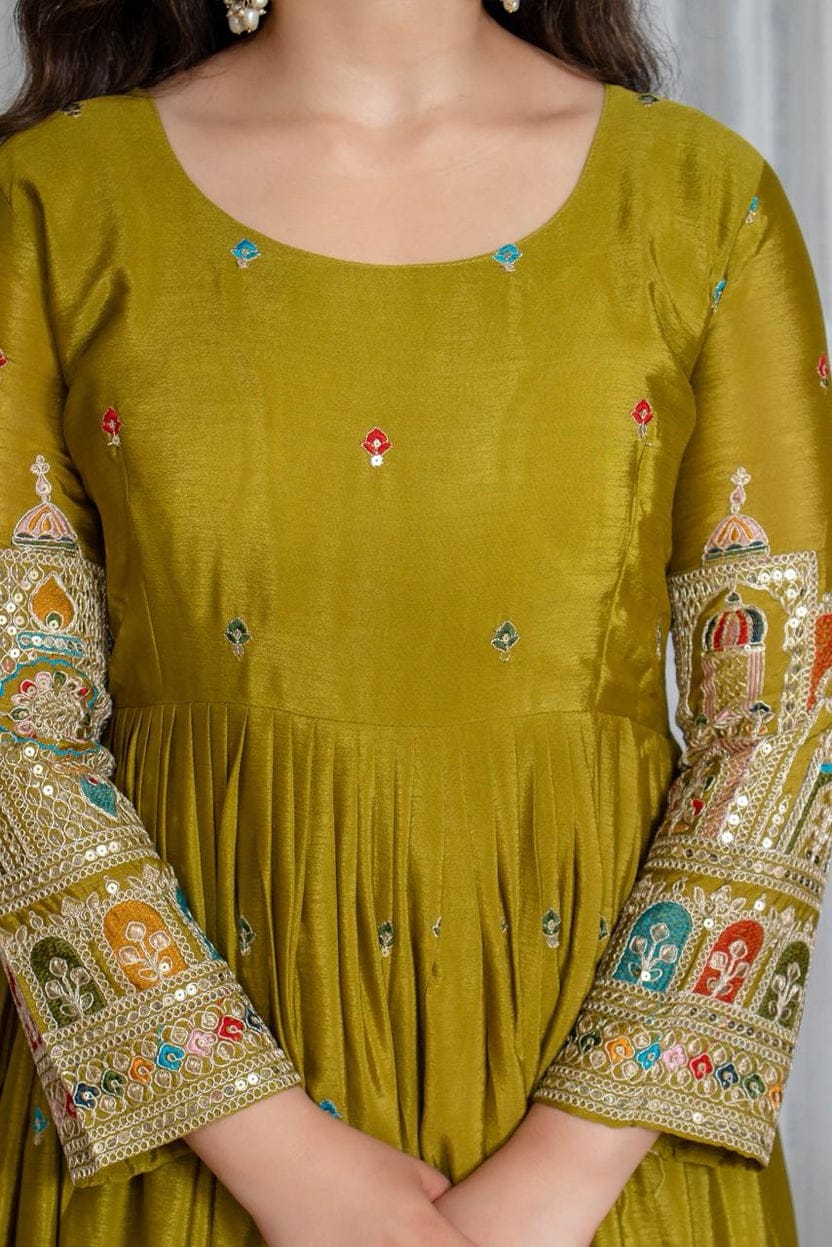 Royal Chinon Silk Embroidered Gown Set-Mehendi