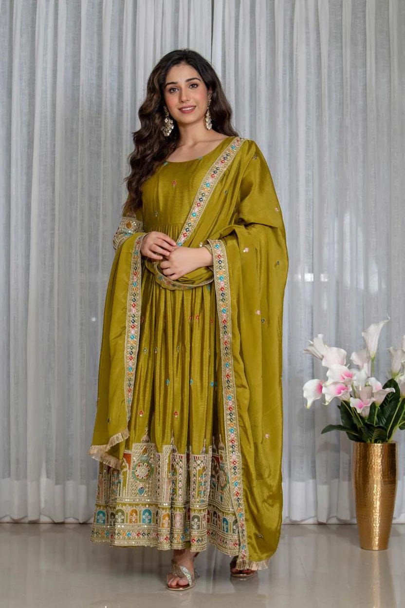 Royal Chinon Silk Embroidered Gown Set-Mehendi