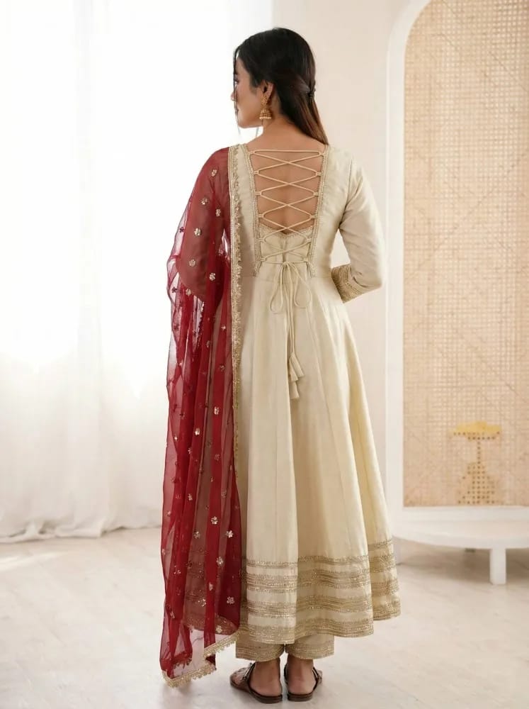 Shwetika Heavy Lace Anarkali Set – Beige