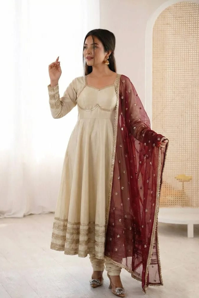 Shwetika Heavy Lace Anarkali Set – Beige