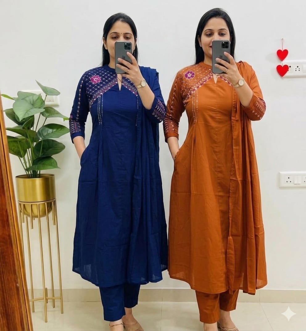 Survaani Cotton A-Line Kurti Pant Dupatta Set