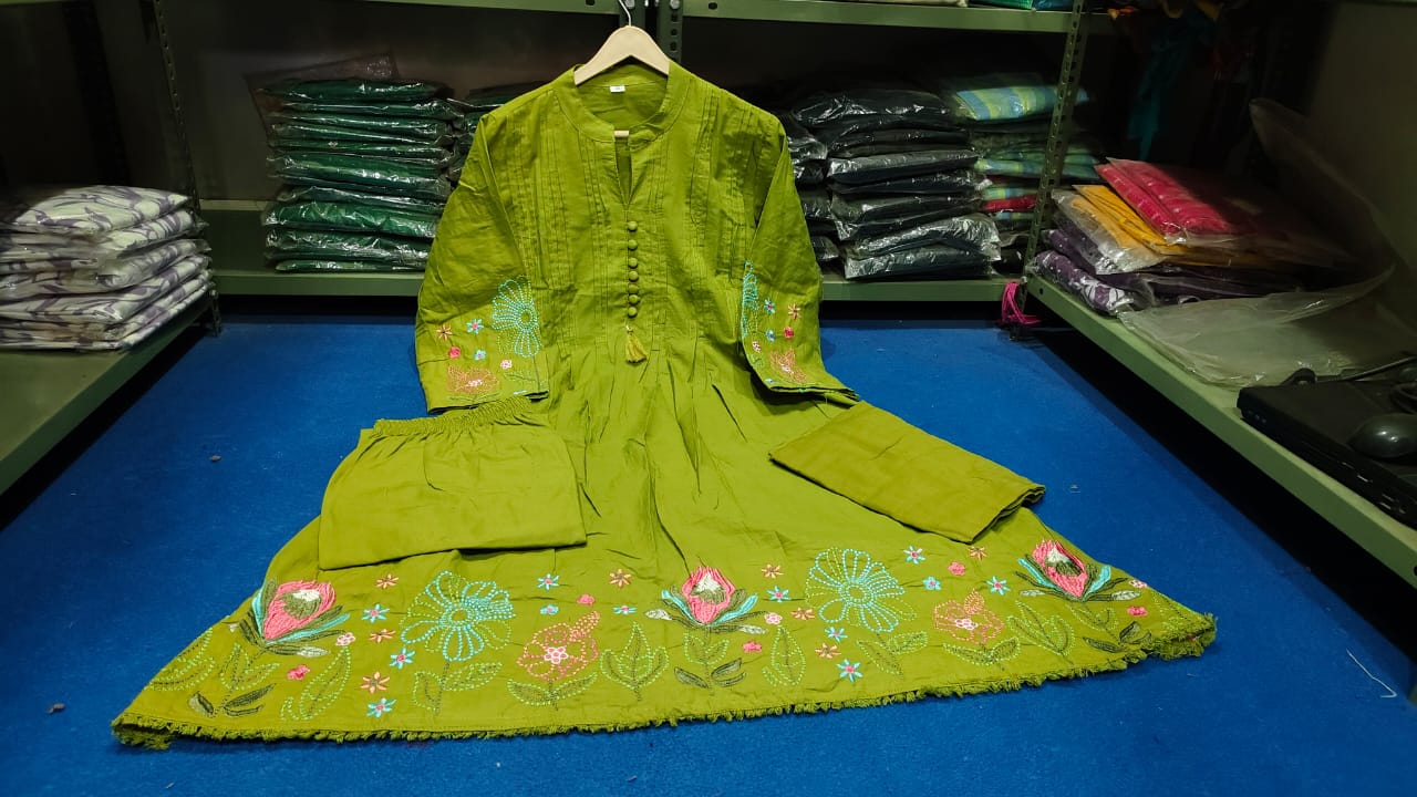 Pure Cotton Embroidered Kurti Pant Dupatta Sets