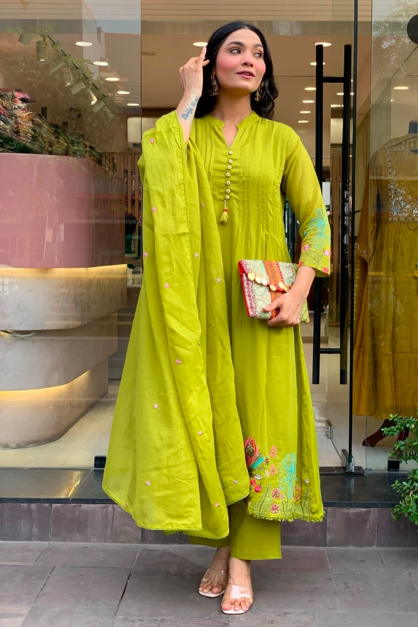 Pure Cotton Embroidered Kurti Pant Dupatta Set