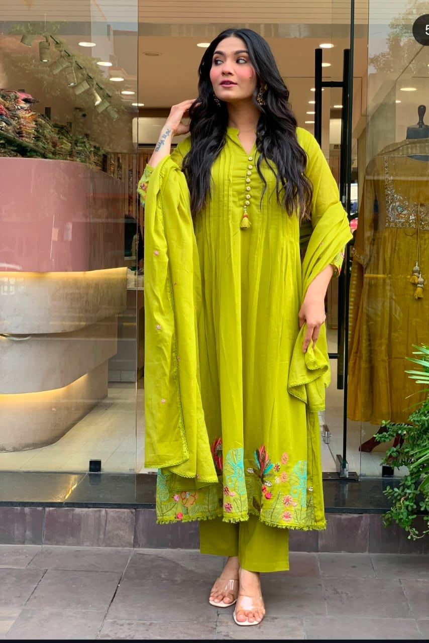 Pure Cotton Embroidered Kurti Pant Dupatta Sets