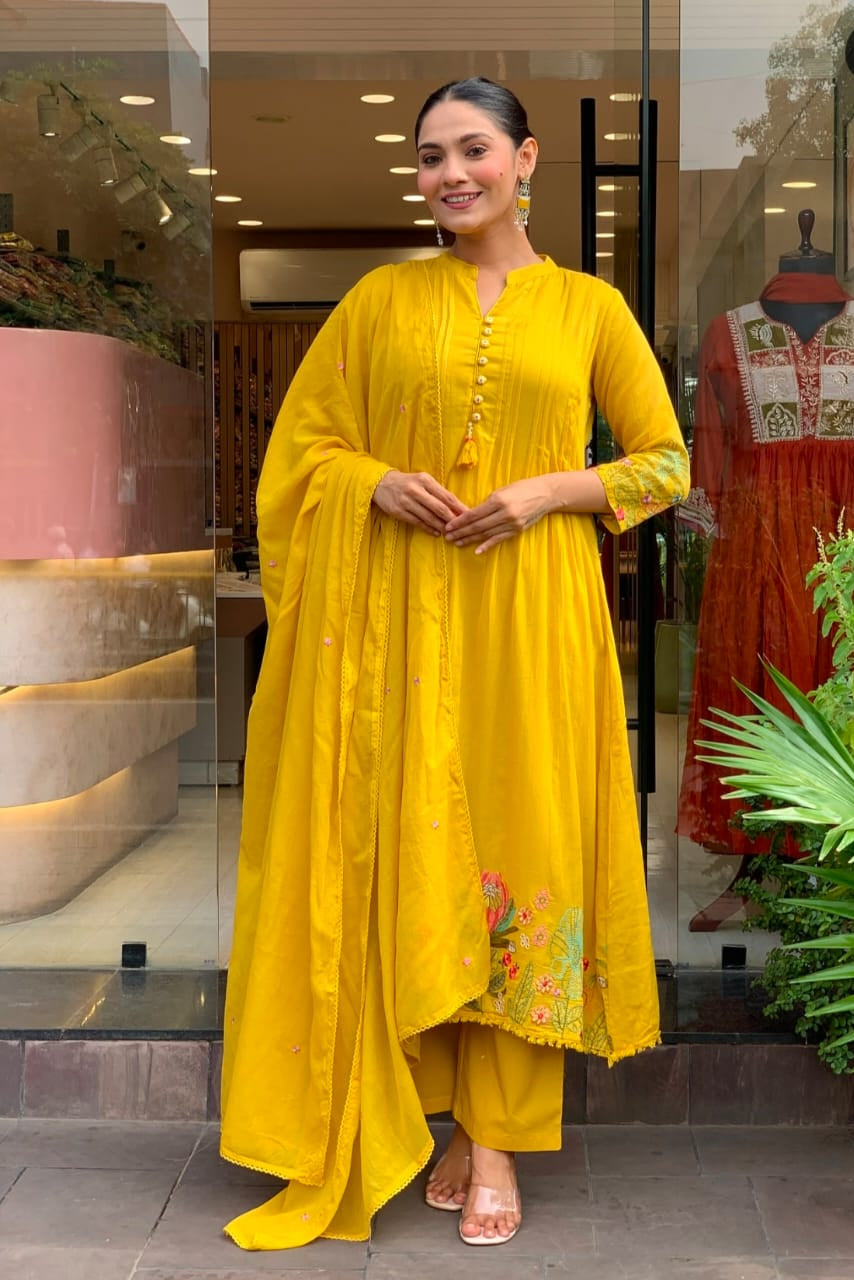 Pure Cotton Embroidered Kurti Pant Dupatta Set