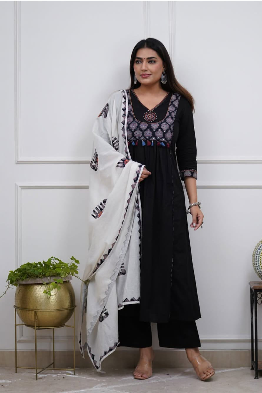 Premium Cotton Embroidered Kurti Pant Dupatta Set