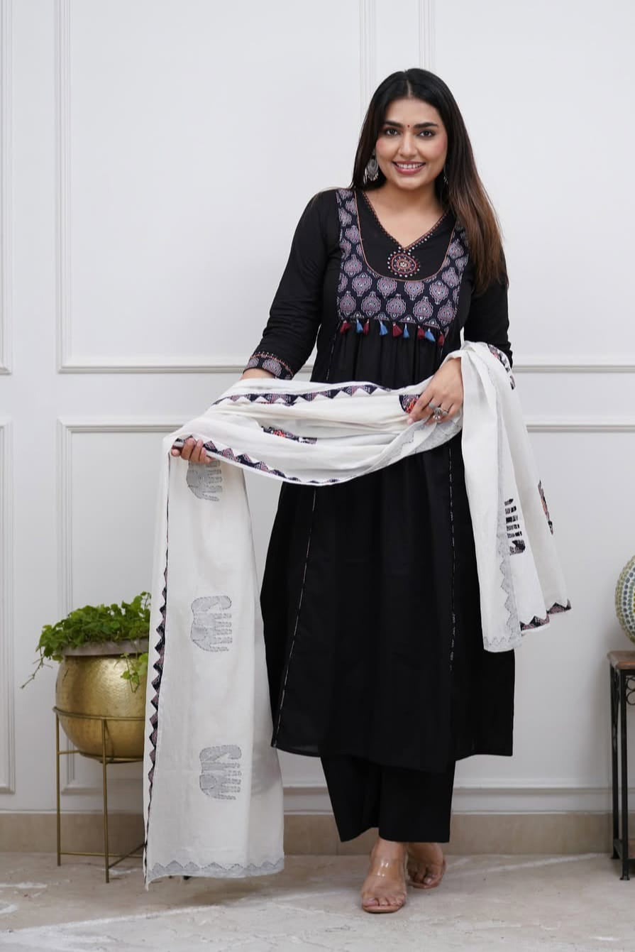 Premium Cotton Embroidered Kurti Pant Dupatta Set