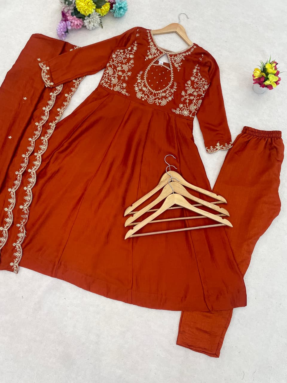 Agnira Vichitra Silk Embroidered Kurti Pant Dupatta Set