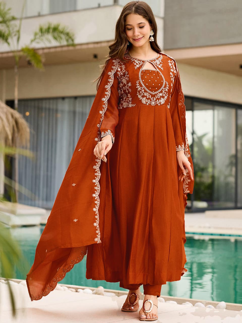 Agnira Vichitra Silk Embroidered Kurti Pant Dupatta Set