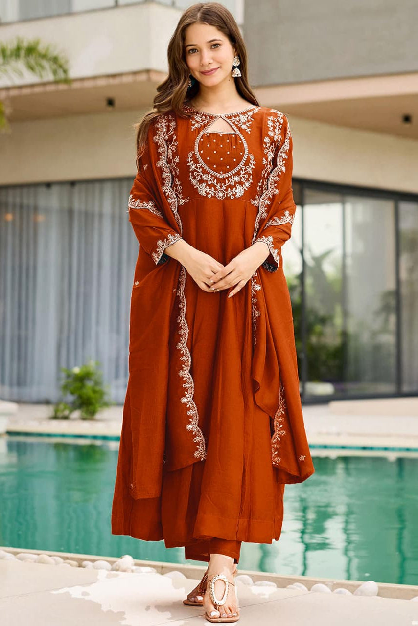 Agnira Vichitra Silk Embroidered Kurti Pant Dupatta Set