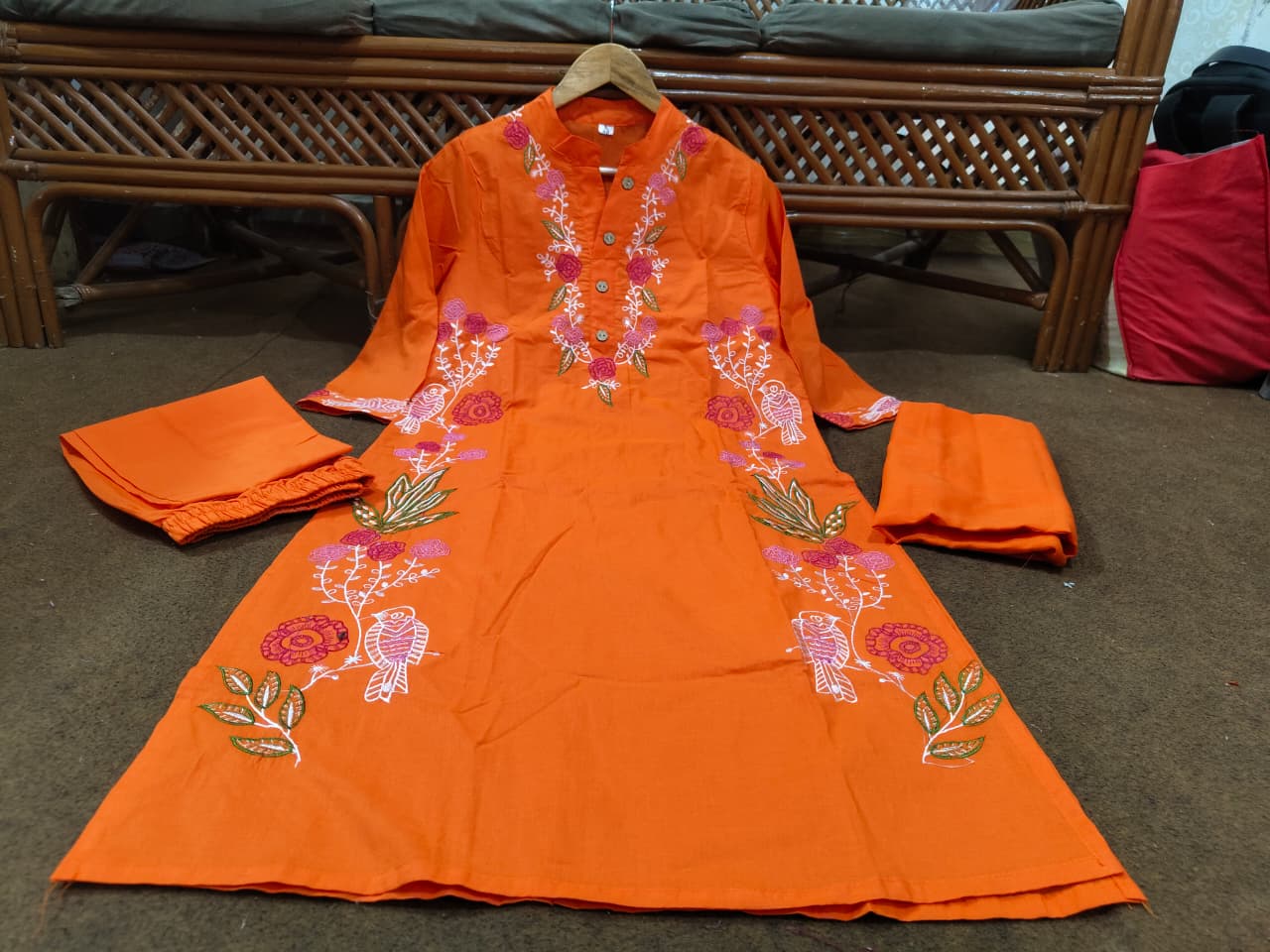 Pure Cotton Embroidered Kurti Pant Dupatta Set