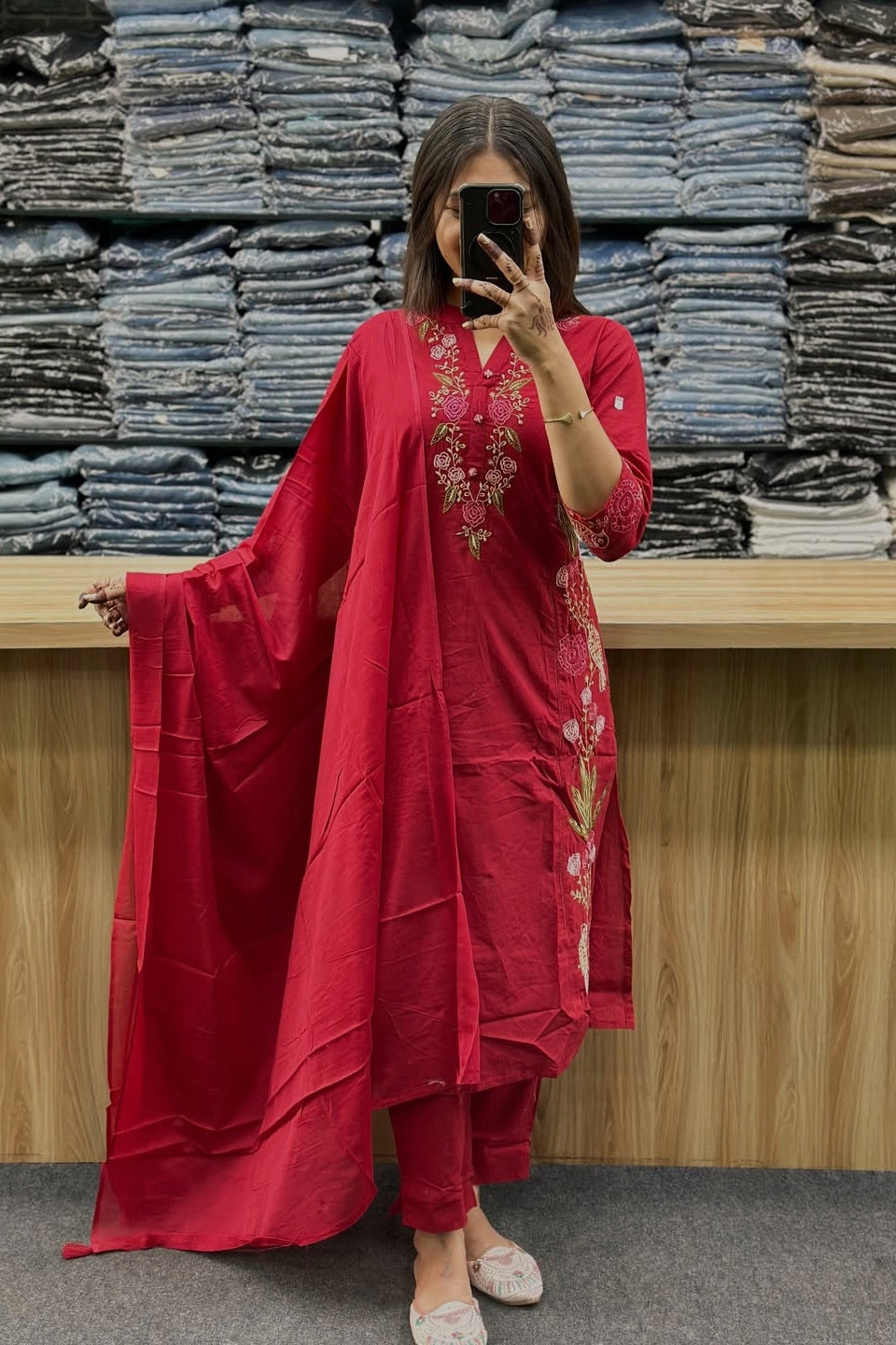 Pure Cotton Embroidered Kurti Pant Dupatta Set