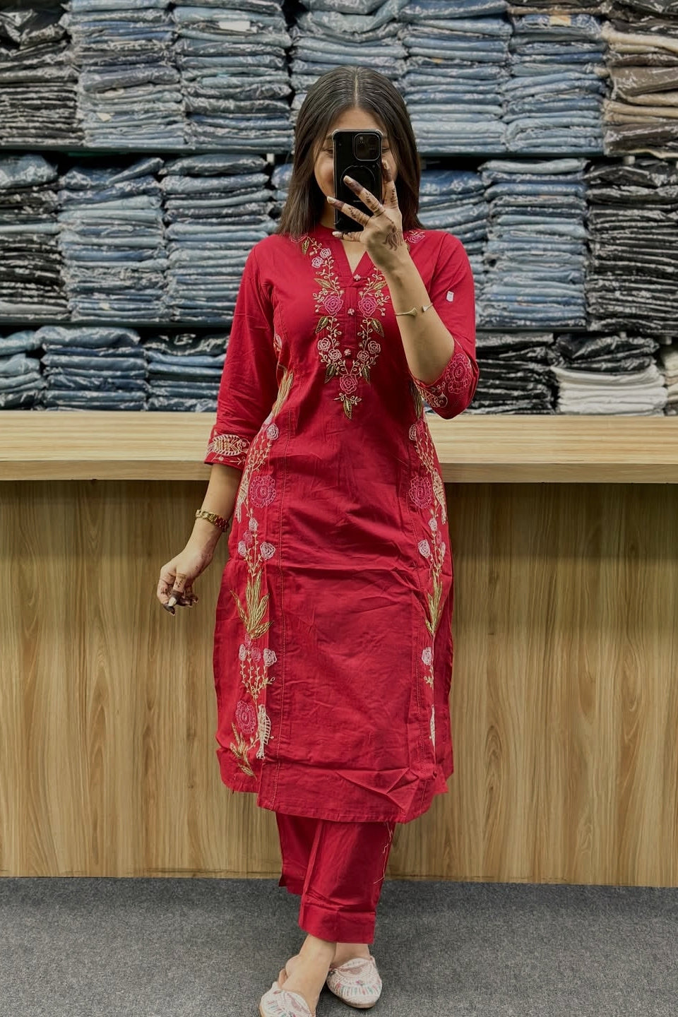 Pure Cotton Embroidered Kurti Pant Dupatta Set