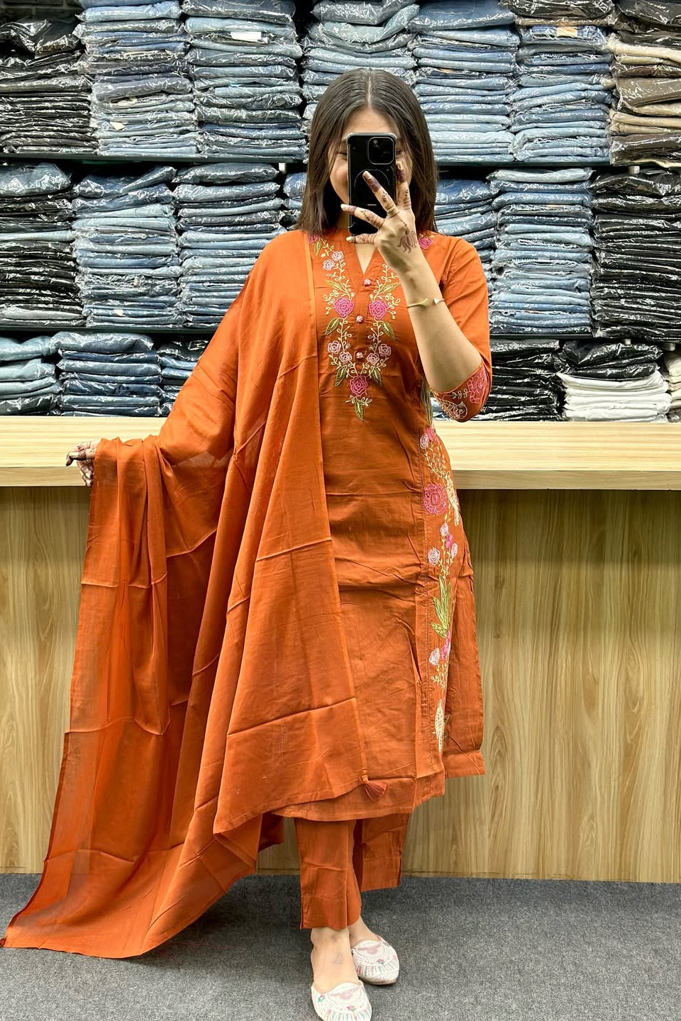 Pure Cotton Embroidered Kurti Pant Dupatta Set