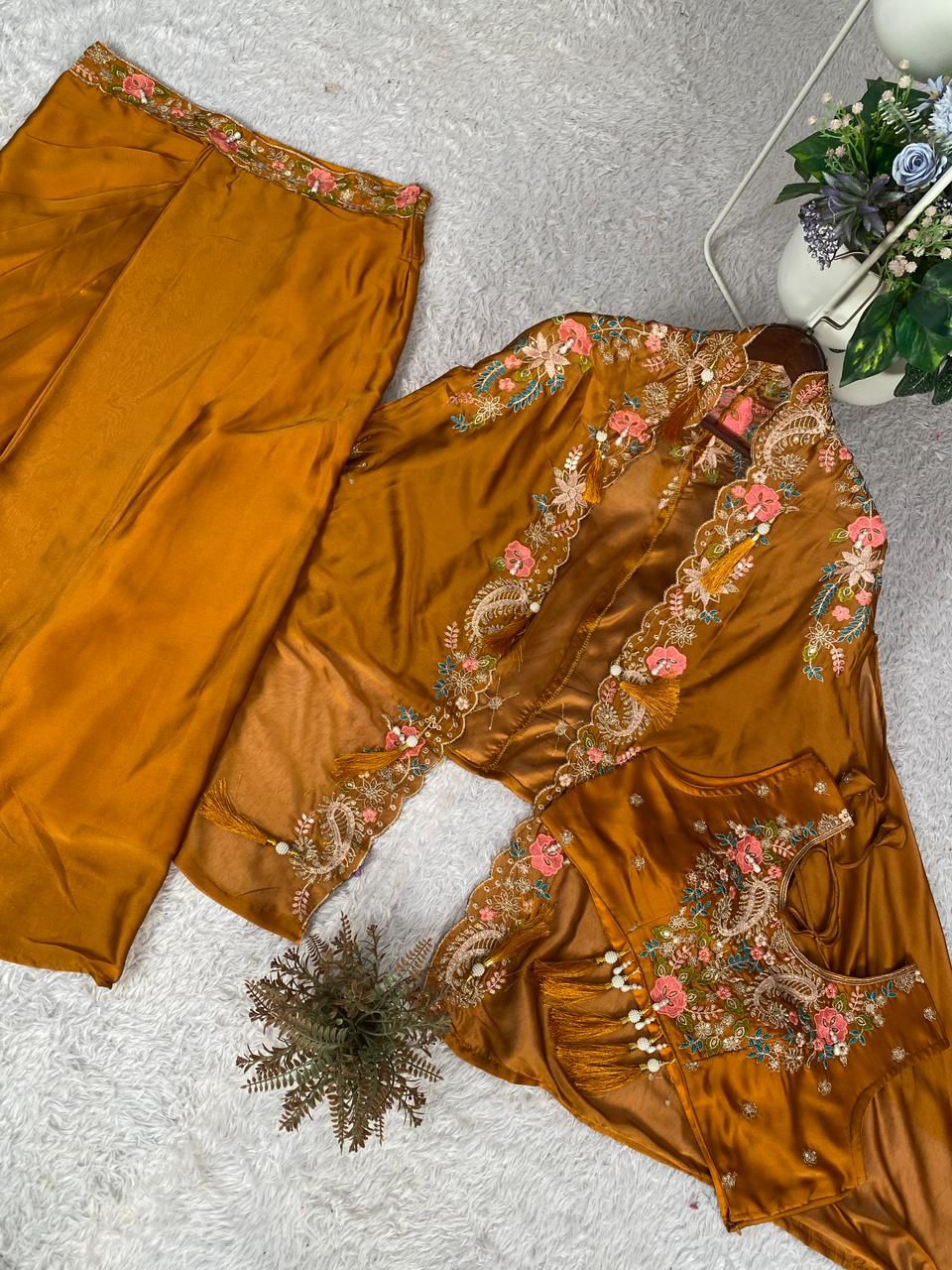 Gulnaar Mustard Gold Indo-Western Shrug Dhoti Set