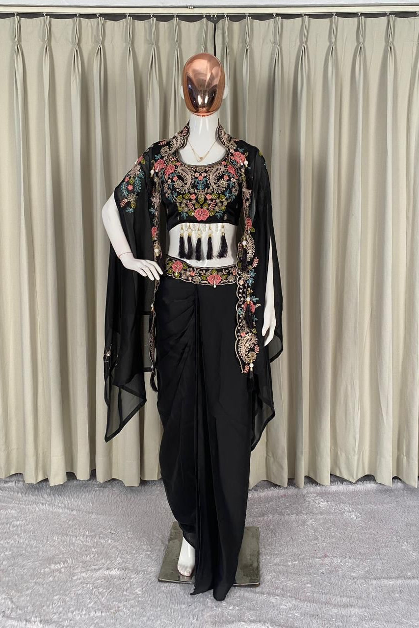 Gulnaar Black Indo-Western Shrug Dhoti Set