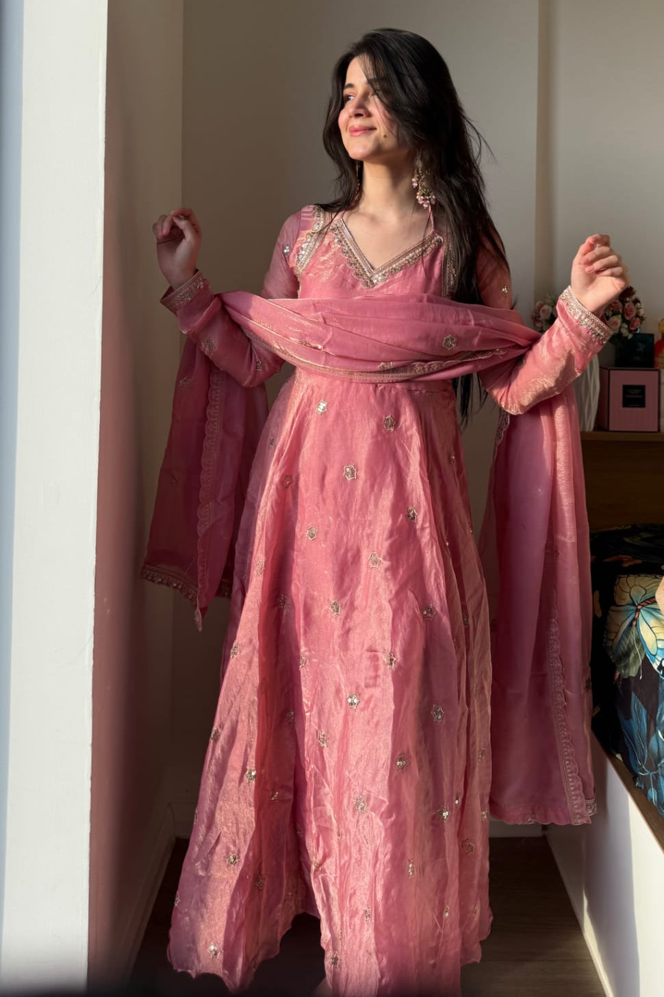 Gulraashi Silk Embroidered Gown Pant Dupatta Set
