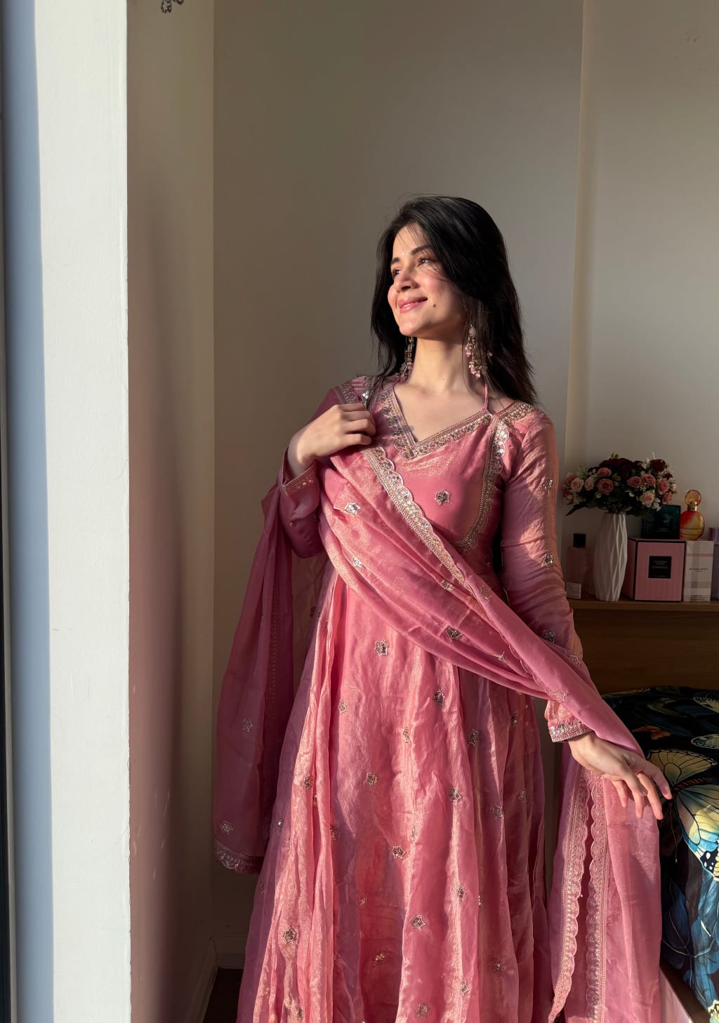 Gulraashi Silk Embroidered Gown Pant Dupatta Set