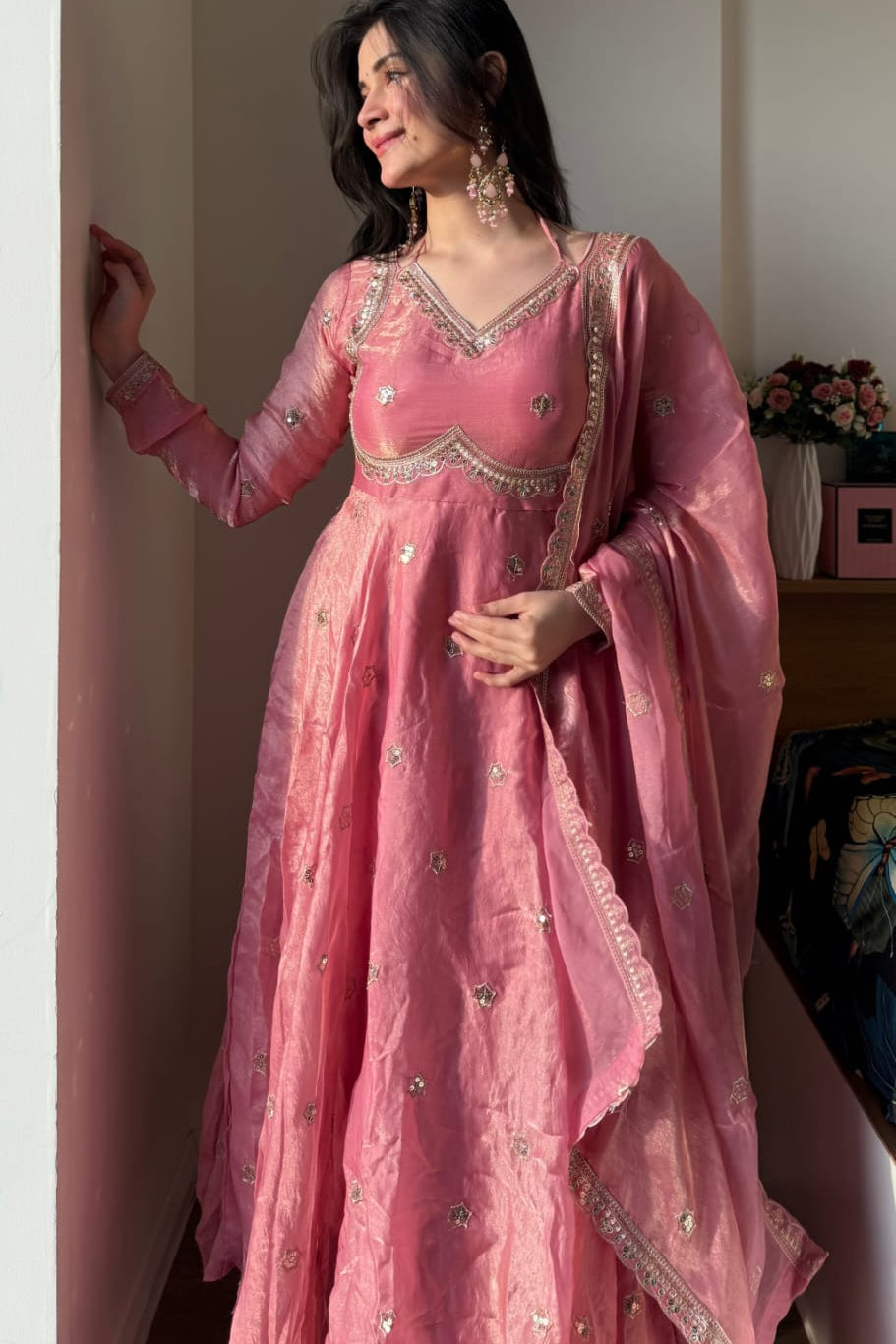 Gulraashi Silk Embroidered Gown Pant Dupatta Set