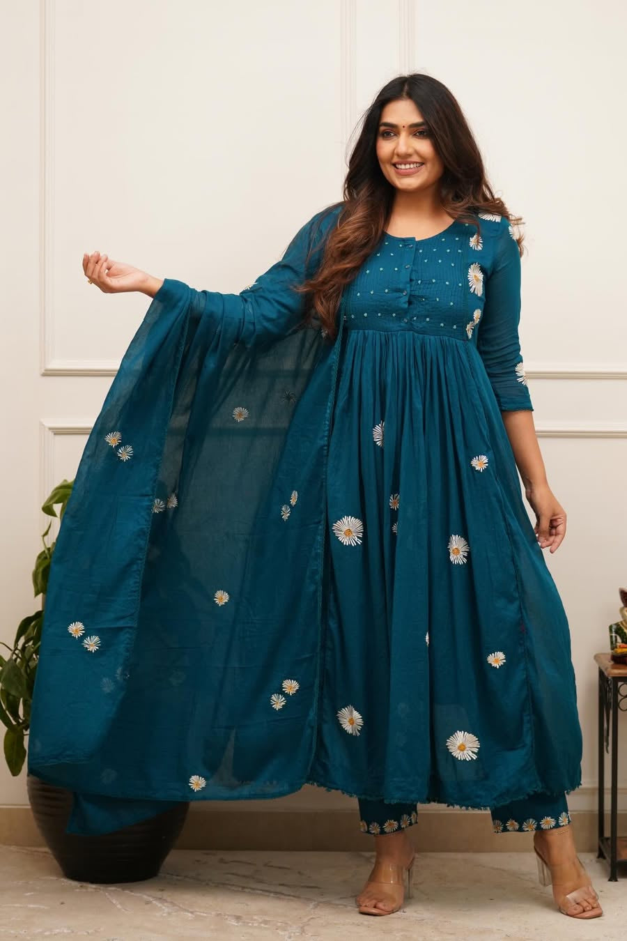 Surangini Cotton Anarkali Embroidered Kurti Pant Dupatta Set
