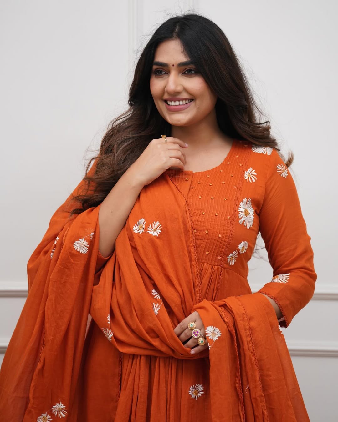Surangini Cotton Anarkali Embroidered Kurti Pant Dupatta Set
