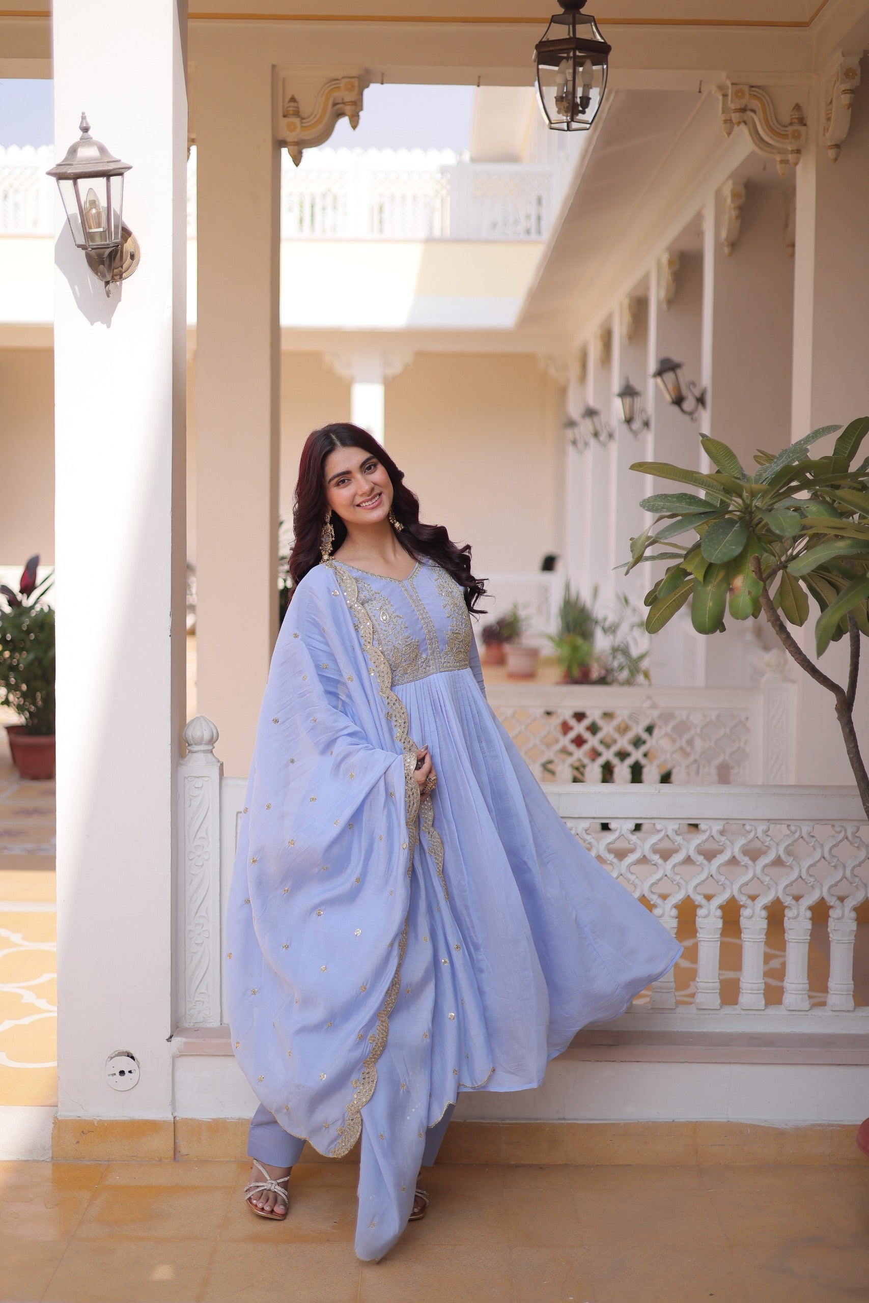 Peetangi Mal Chanderi Beads Embroidered Gown Set