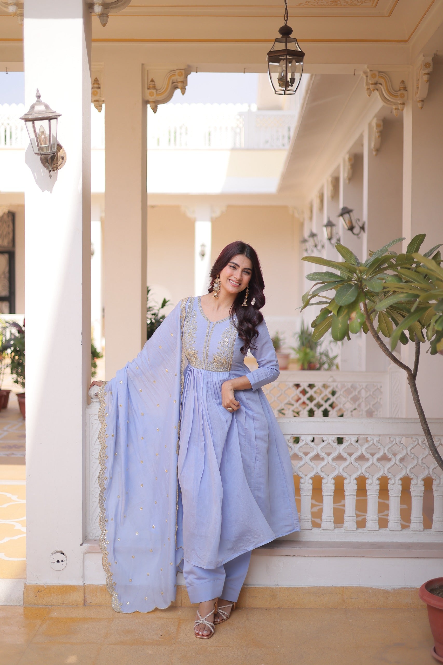 Peetangi Mal Chanderi Beads Embroidered Gown Set