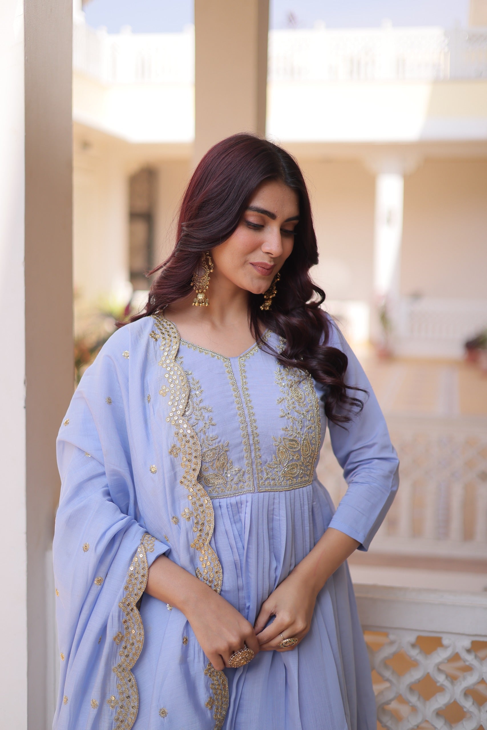 Peetangi Mal Chanderi Beads Embroidered Gown Set