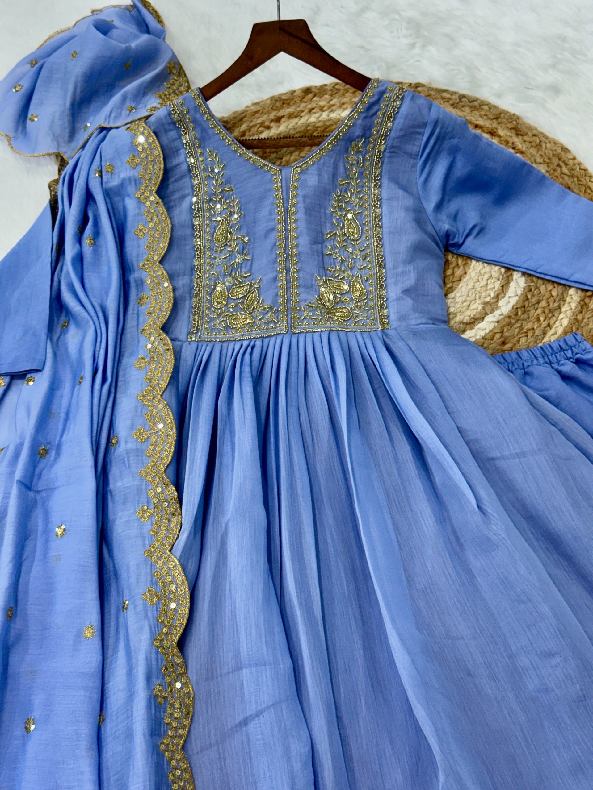 Peetangi Mal Chanderi Beads Embroidered Gown Set