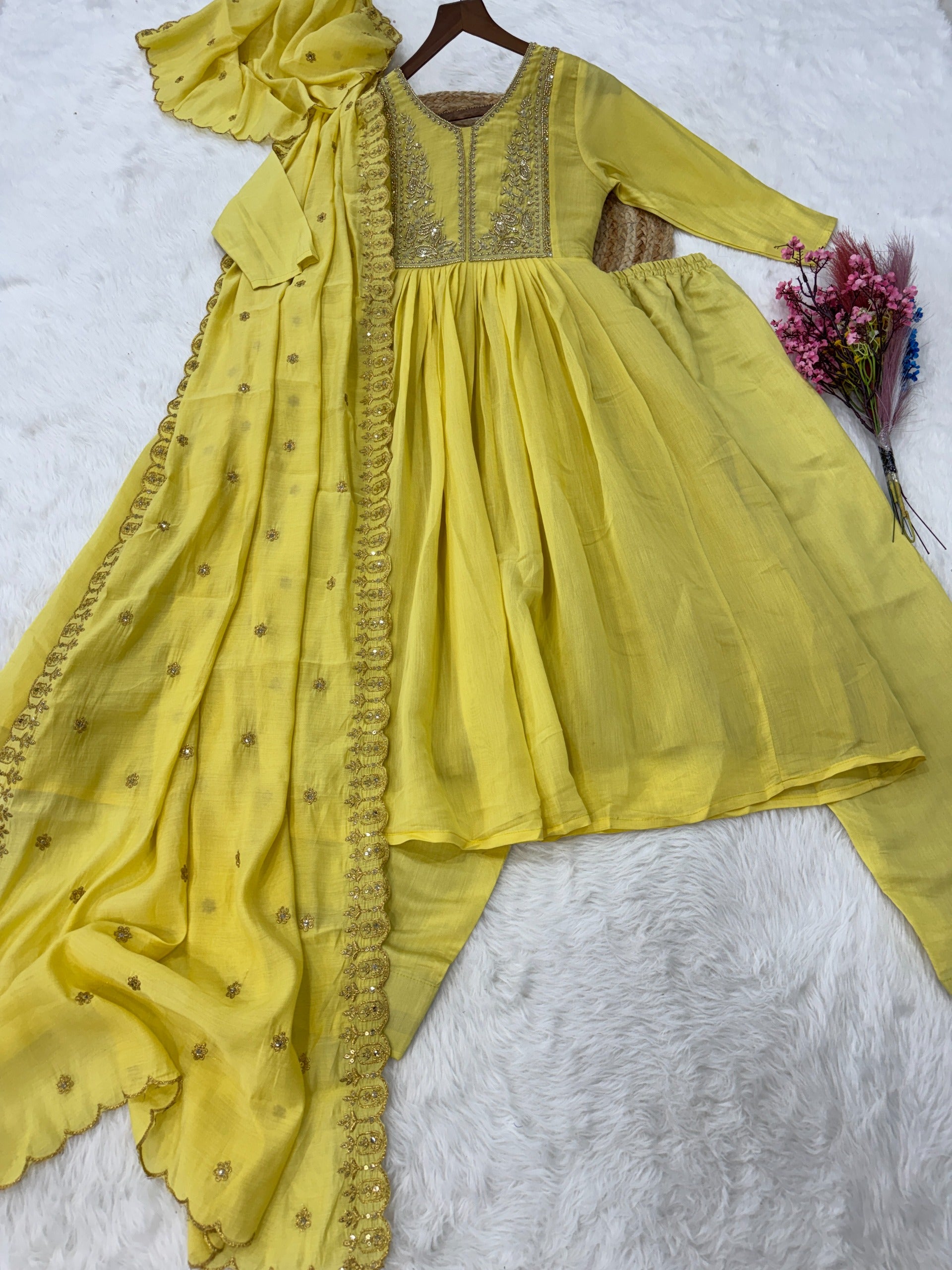 Peetangi Mal Chanderi Beads Embroidered Gown Set