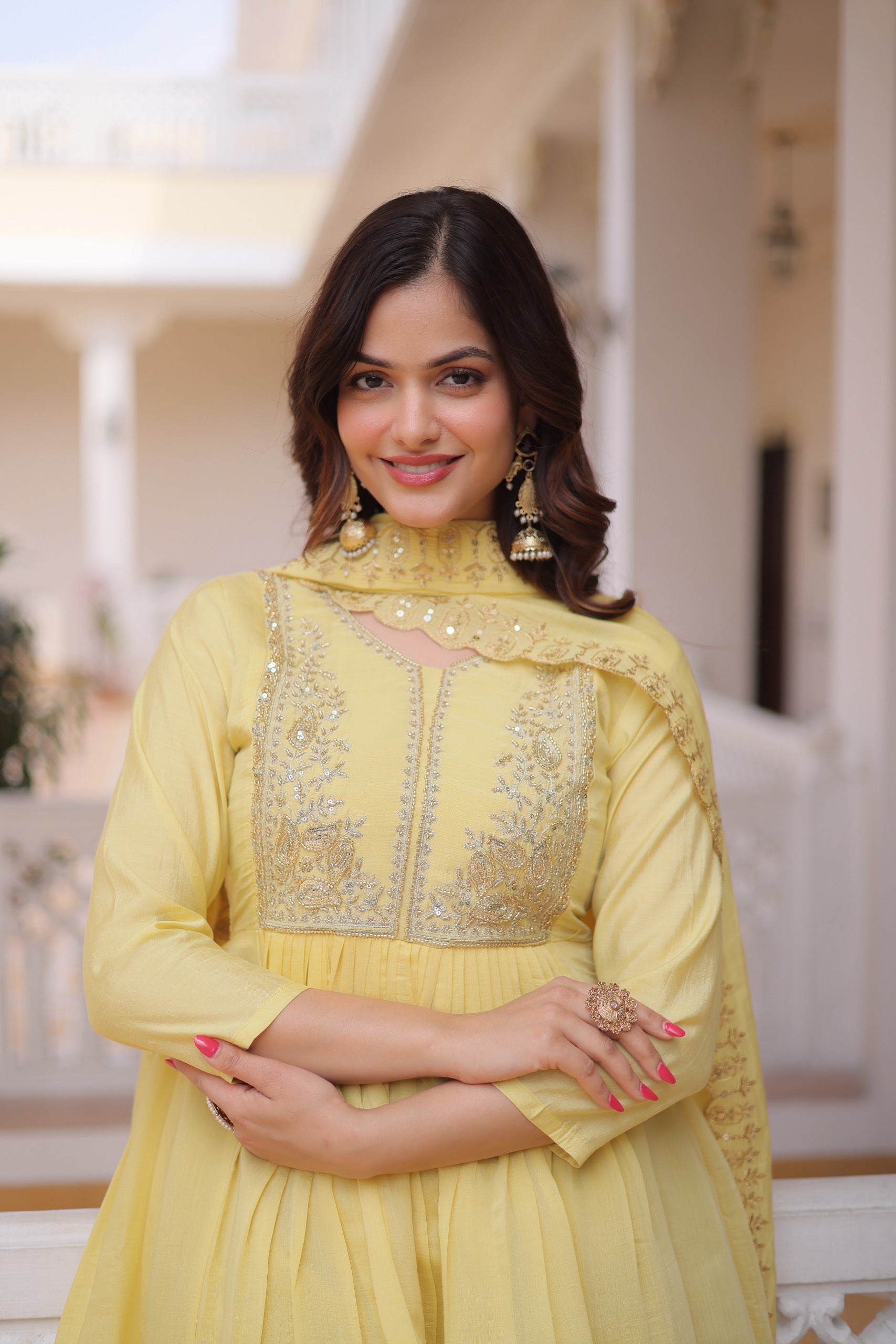Peetangi Mal Chanderi Beads Embroidered Gown Set