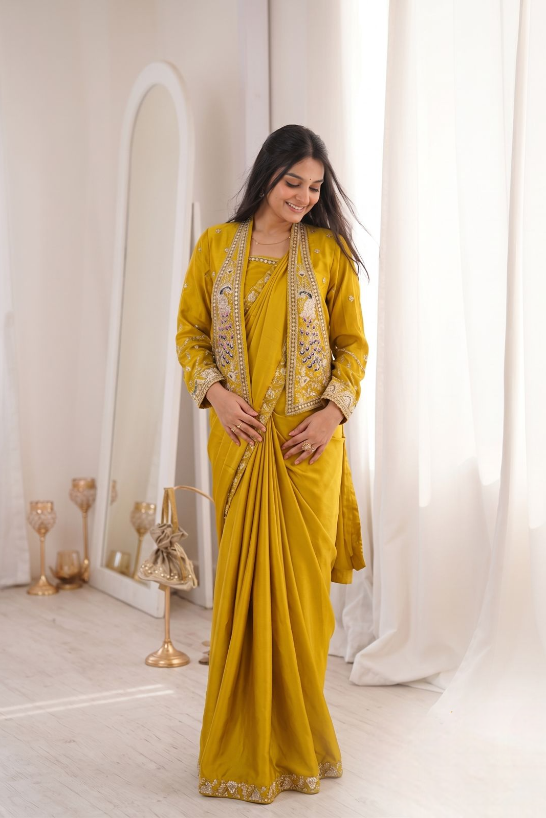 Kanakshree Crepe Satin Embroidered Saree Set with Koti