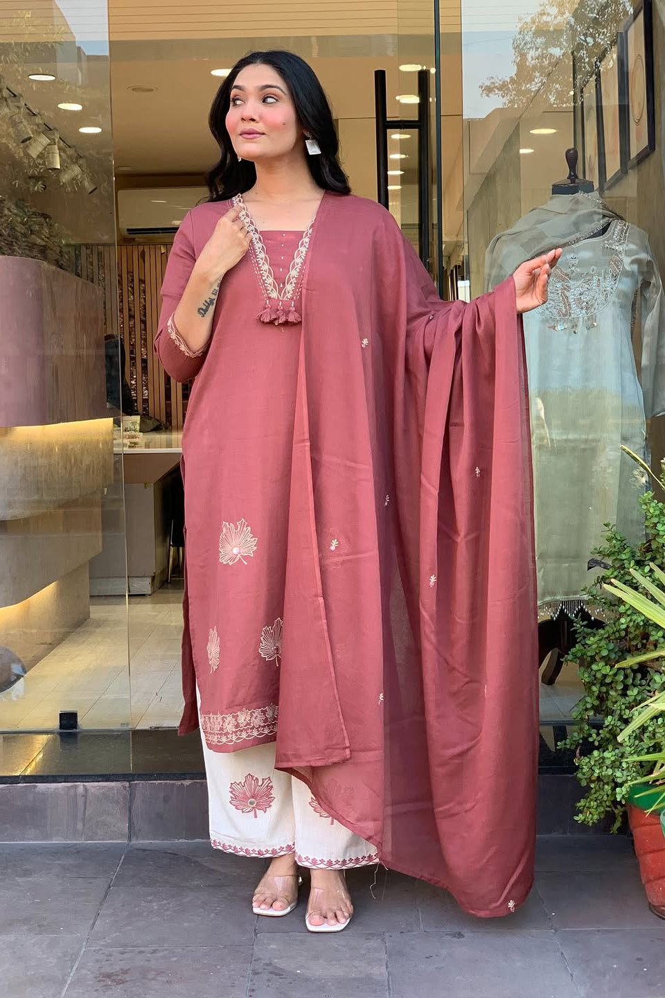 Mridvani Dual Pocket Embroidered A-Line Cotton Suit Set