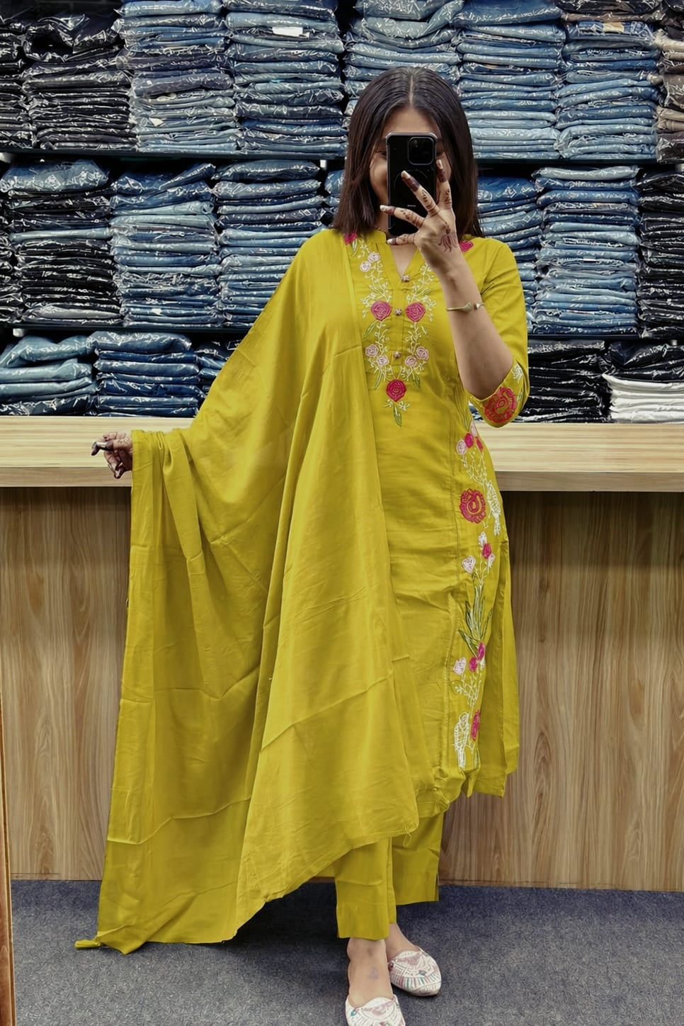 Pure Cotton Embroidered Kurti Pant Dupatta Set