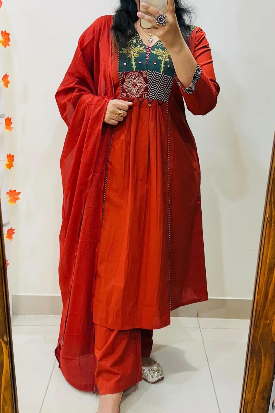 Traditional Dabu Print Handwork A-Line Kurti Set
