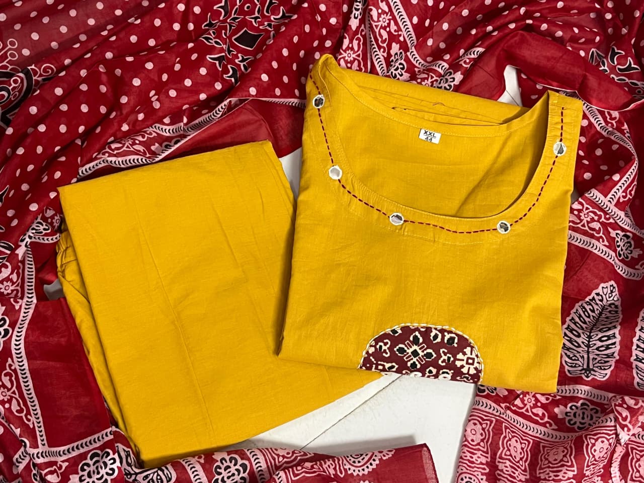 Peetambara Handblock Mirror Work Cotton Suit Set