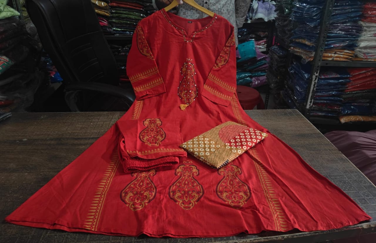 Heavy Cotton A-Line Kurti Pant Dupatta Set
