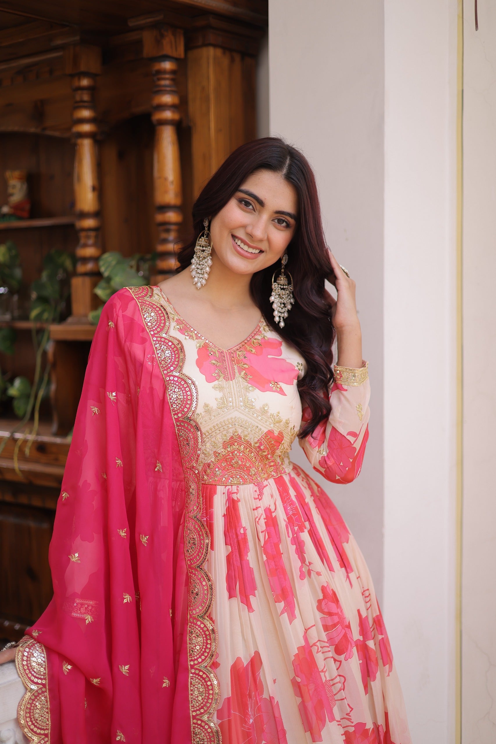 Gulraashi Russian Silk Zari Sequins Embroidered Gown Set