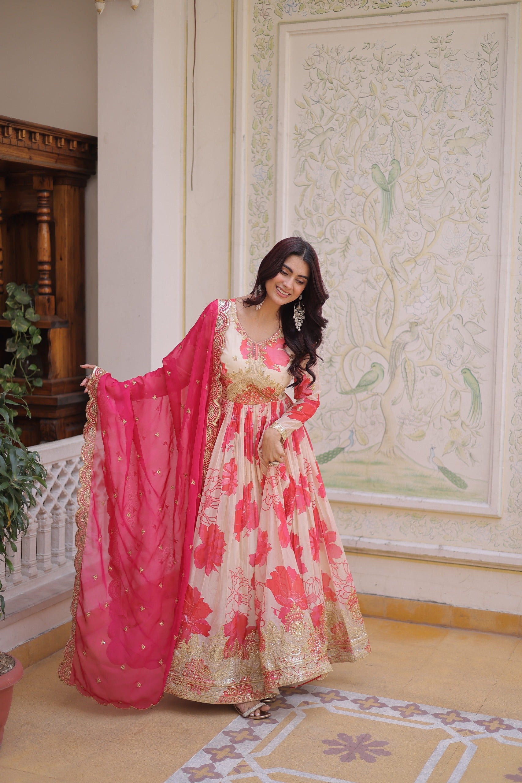 Gulraashi Russian Silk Zari Sequins Embroidered Gown Set