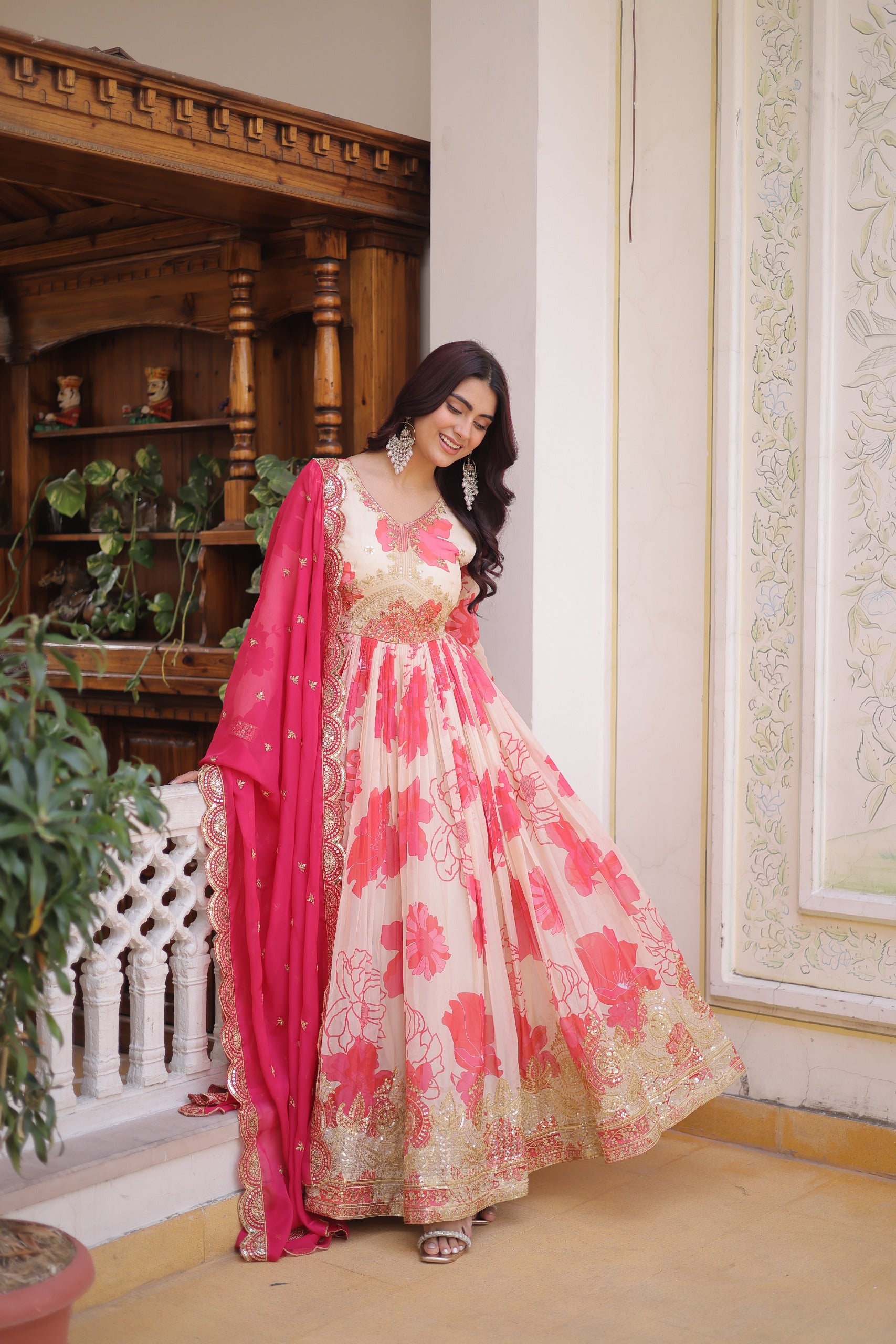 Gulraashi Russian Silk Zari Sequins Embroidered Gown Set