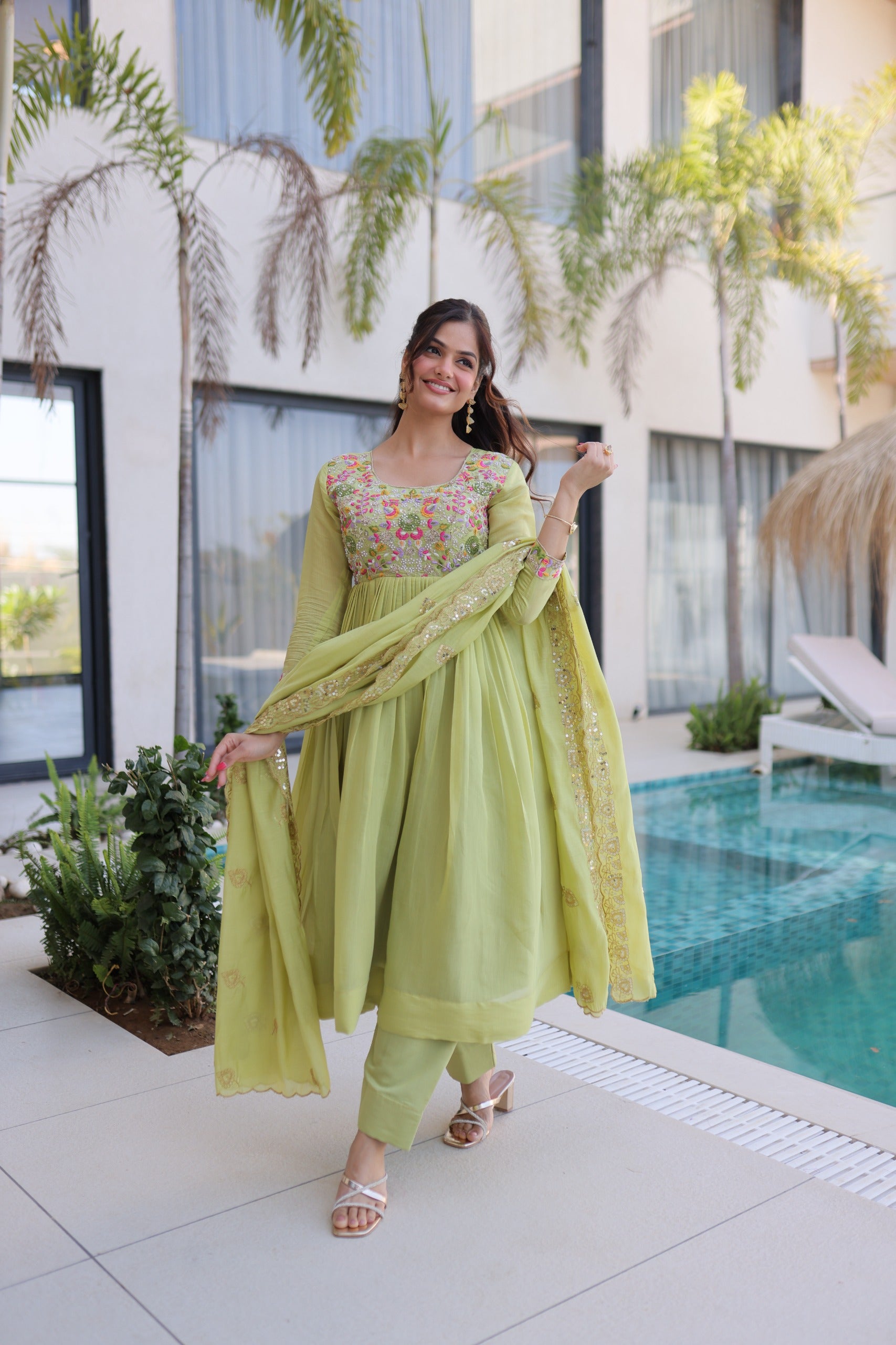 Neeranshi Beads Embroidered Mal Chanderi Gown Set