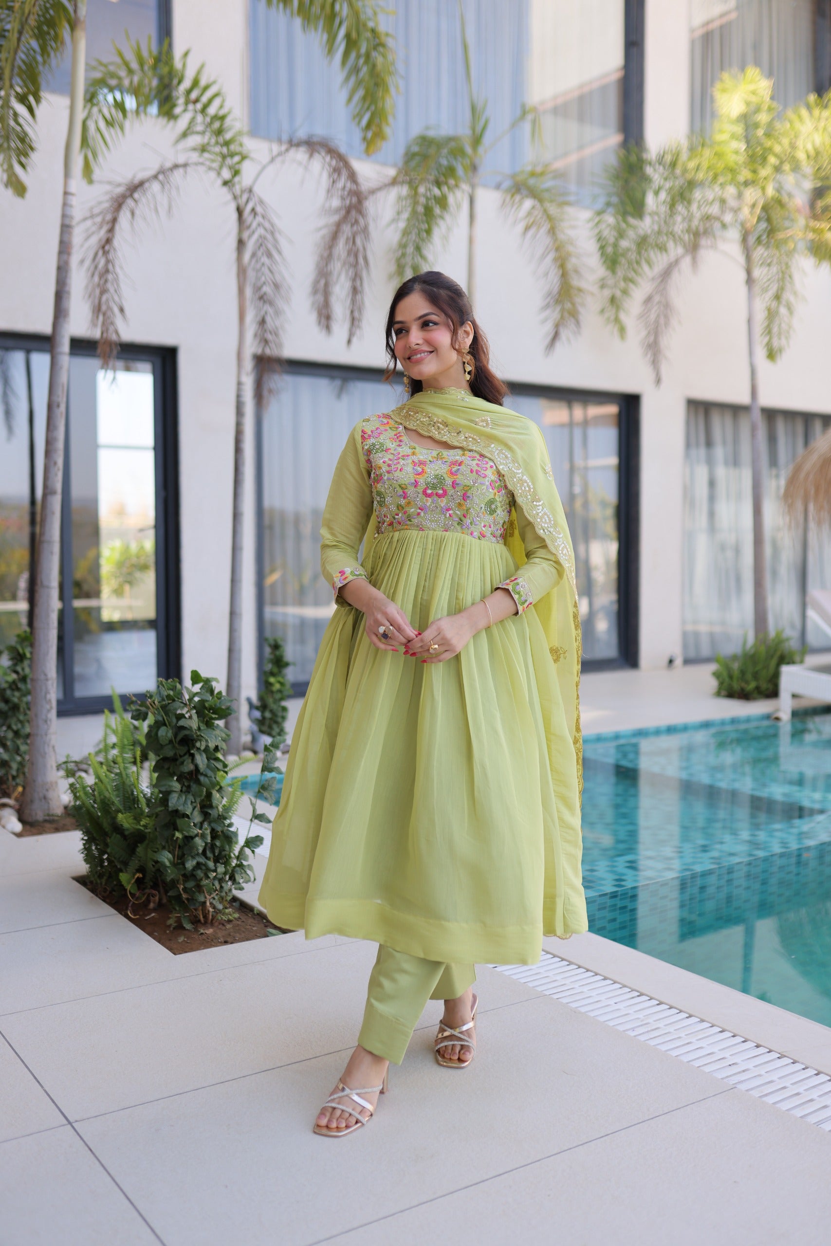 Neeranshi Beads Embroidered Mal Chanderi Gown Set