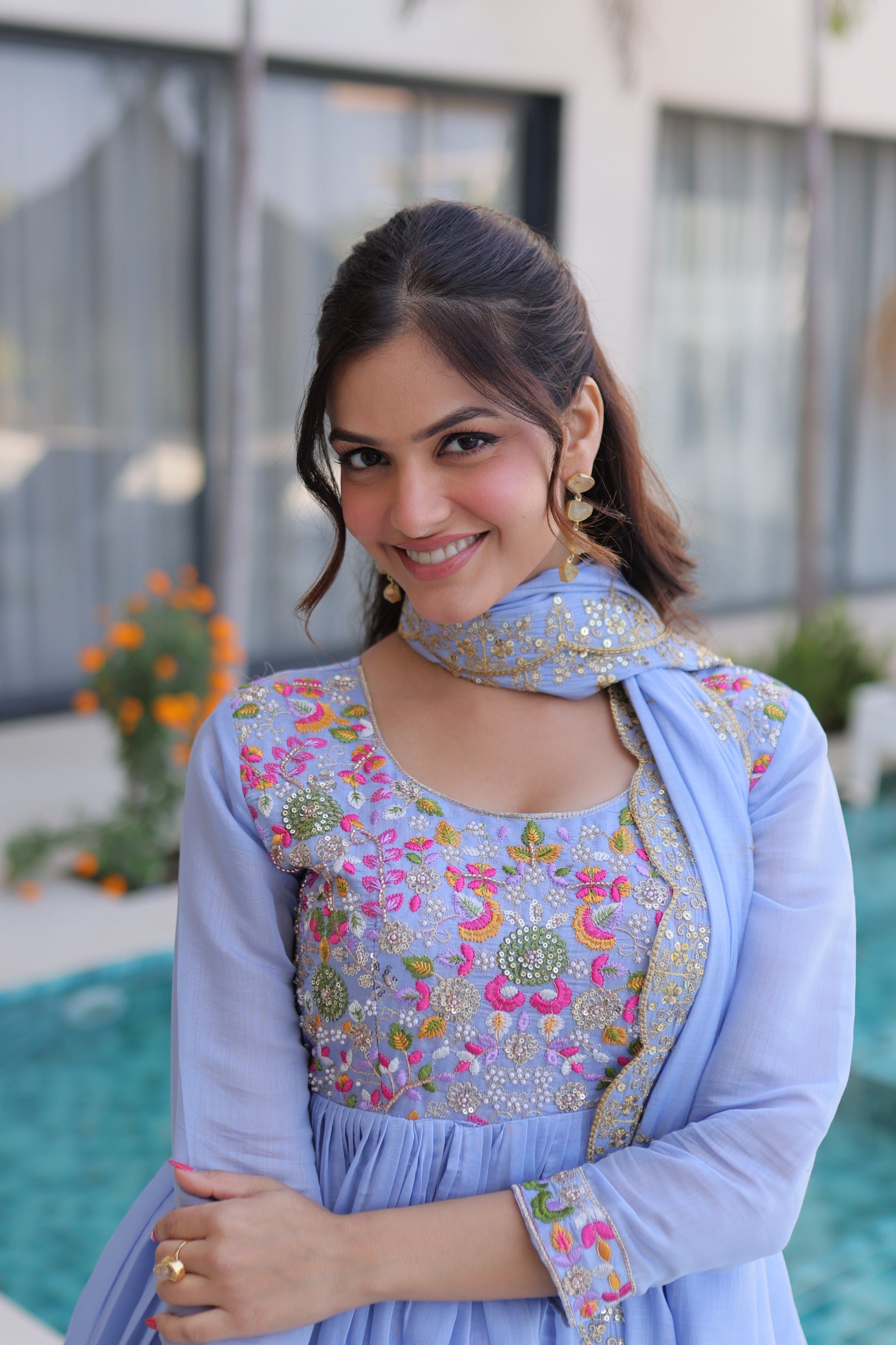 Neeranshi Beads Embroidered Mal Chanderi Gown Set