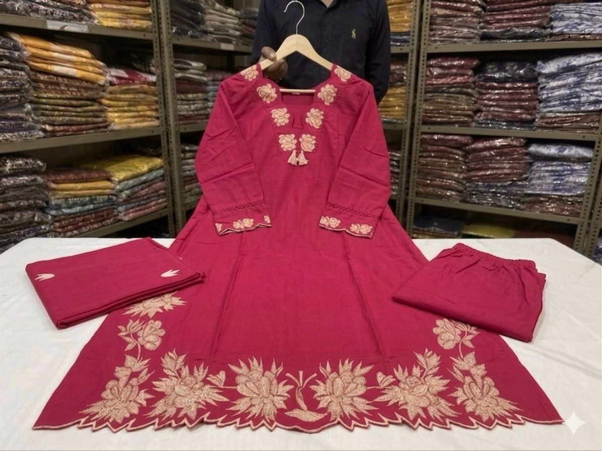 Rangreza Embroidered Cotton Straight Kurta Pant Dupatta Set