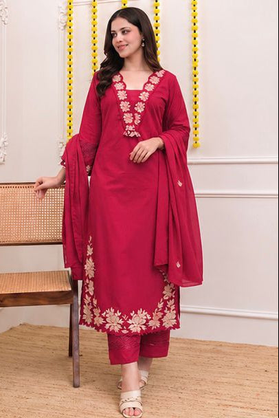 Rangreza Embroidered Cotton Straight Kurta Pant Dupatta Set