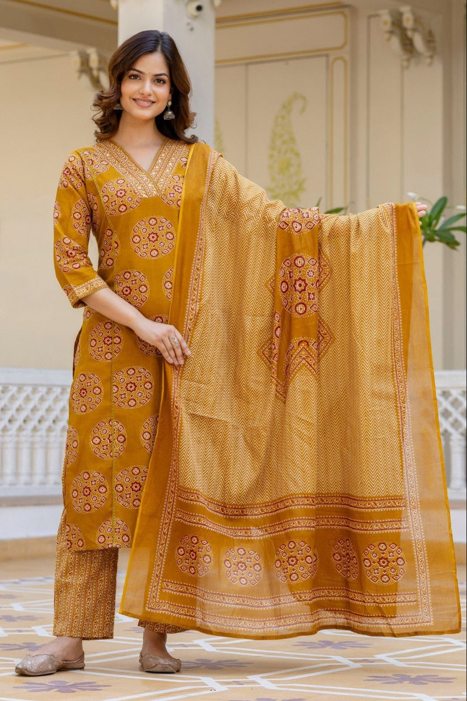 Peetambara Azrak Floral V-Neck Cotton Suit Set