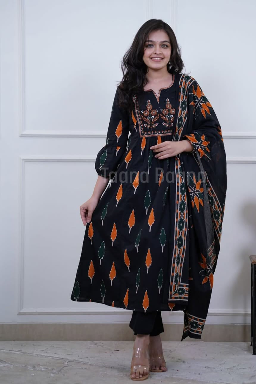Shyamkala Handblock Embroidered Cotton Anarkali Set