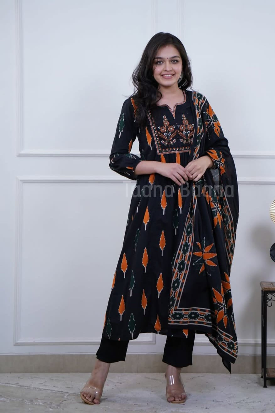 Shyamkala Handblock Embroidered Cotton Anarkali Set