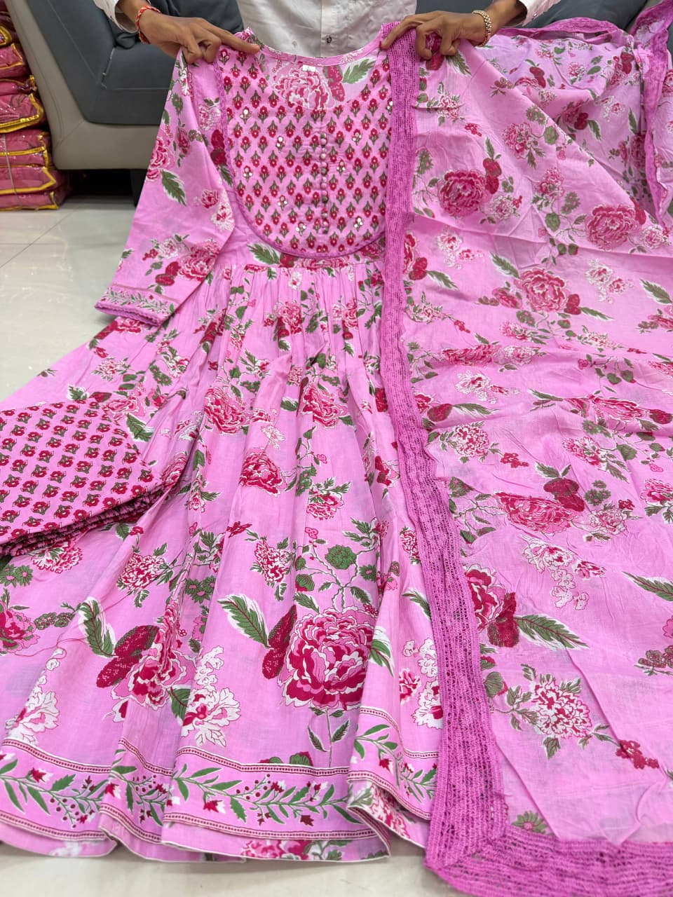 Gulzaira Floral Handwork Cotton Anarkali Set